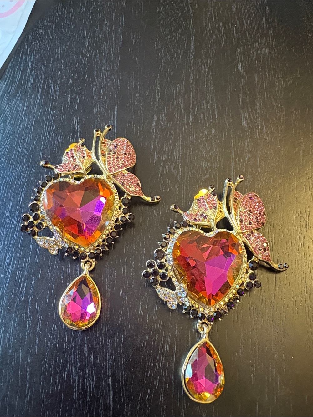 Gold Heart Drop Butterfly Earrings with Pink-Red purplish Crystal